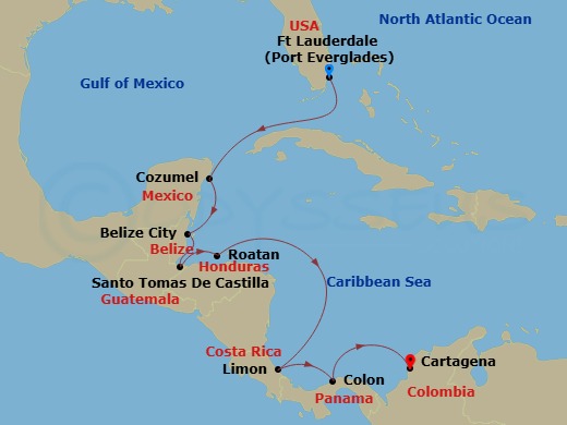 10 Night - The Americas & Caribbean - Crystal Symphony - Starting in Fort Lauderdale, Cozumel, Quintana Roo, Belize City, Santo Tomas, Roatan Island, Puerto Limon, Colon, Cartagena CO itinerary map