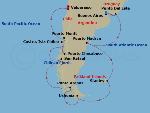 18 Night - South America - Crystal Serenity - Starting in Buenos Aires, Punta Del Este, Puerto Madryn, Port Stanley, Falkland Islands, Ushuaia, Punta Arenas, Cruising the Chilean Fjords, Laguna San Raphael, Puerto Chacabuco, Castro, Puerto Montt, Valparaiso itinerary map