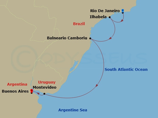 7 Night - South America - Crystal Serenity - Starting in Rio De Janeiro, Ilhabela, Brazil, Balneario Camboriu, Montevideo, Buenos Aires itinerary map