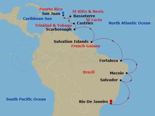 14 Night - South America - Crystal Serenity - Starting in San Juan, St Kitts (Basseterre), Castries, St Lucia, Scarborough, Iles du Salut (Devils Island), Fortaleza, Maceio, Salvador De Bahia, Rio De Janeiro itinerary map