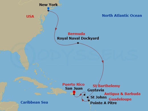 9 Night - The Americas & Caribbean - Crystal Serenity - Starting in New York, Royal Naval Dockyard, St Johns, Pointe-a-Pitre, French West Indies, Gustavia, St Barthelemy, San Juan itinerary map