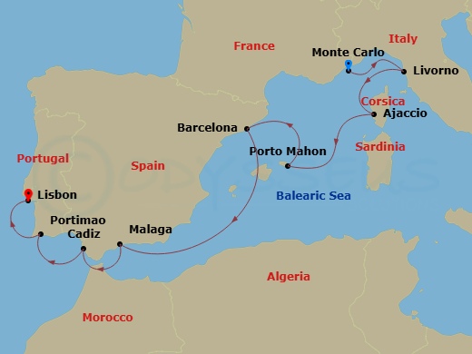 10 Night - Europe & Mediterranean - Crystal Symphony - Starting in Monte Carlo, Livorno (Tuscany), Ajaccio (Corsica), Porto Mahon, Barcelona, Malaga (Costa del Sol), Cadiz, Portimao, Lisbon itinerary map