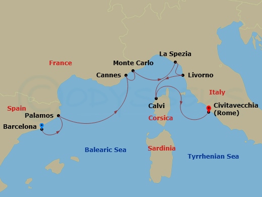 9 Night - Europe & Mediterranean - Crystal Symphony - Starting in Barcelona, Palamos, Cannes, Monte Carlo, La Spezia, Livorno (Tuscany), Calvi (Corsica), Civitavecchia (Rome) itinerary map