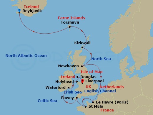 13 Night - Baltic & Northern Europe - Crystal Symphony - Starting in Reykjavik, Torshavn, Faroe Islands, Kirkwall, Newhaven, Le Havre, Saint Malo (Brittany), Fowey, Waterford (Dunmore East), Holyhead, Isle of Man (Douglas), Liverpool itinerary map