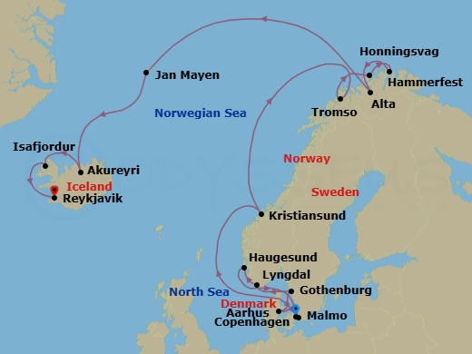 18 Night - Baltic & Northern Europe - Crystal Symphony - Starting in Copenhagen, Aarhus, Gothenburg, Lyngdal, Haugesund, Maloy, Kristiansund, Tromso, Hammerfest, Honningsvag (Nord Cape), Alta, Jan Mayen Island (Sightseeing Only), Akureyri, Isafjordur, Reykjavik itinerary map