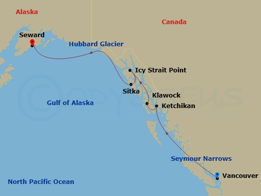 7 Night - Alaska from Vancouver to Seward - Crystal Serenity - Starting in Vancouver, Seymour Narrows, British Columbia, Ketchikan, Klawock, Icy Strait Point, Alaska, Sitka, Alaska, Cruise Hubbard Glacier, Alaska, Seward itinerary map