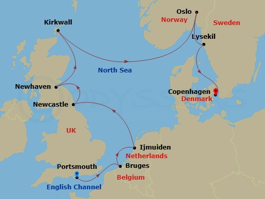 11 Night - Baltic & Northern Europe - Crystal Symphony - Starting in Portsmouth UK, Zeebrugge, Ijmuiden (Amsterdam), Newcastle upon Tyne, Newhaven, Kirkwall, Oslo, Lysekil, Copenhagen itinerary map