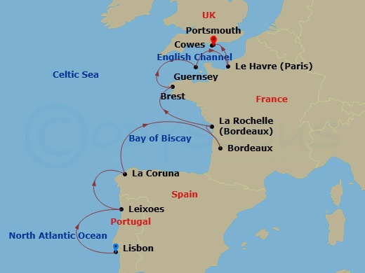 11 Night - Baltic & Northern Europe - Crystal Symphony - Starting in Lisbon, Oporto (Leixoes), A Coruna, Bordeaux, La Rochelle, France, Brest, St Peter Port, Le Havre, Cowes, Portsmouth UK itinerary map