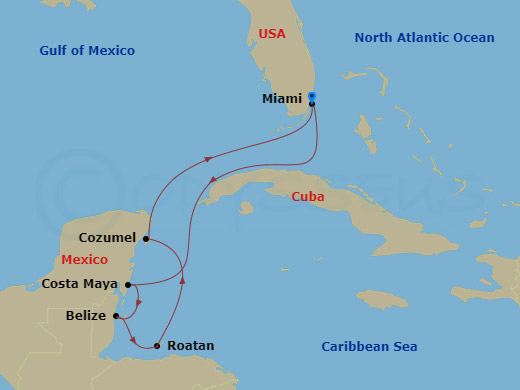 7 Night - Western Caribbean Vistas - Oceania Marina - Starting in Miami, Costa Maya, Mexico, Belize City, Roatan, Cozumel, Mexico, Miami itinerary map
