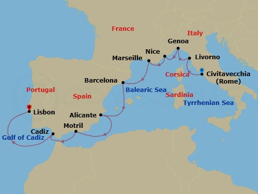 10 Night - Invitation to Iberia - Oceania Sirena - Starting in Rome (Civitavecchia), Florence / Pisa / Tuscany (Livorno), Genoa, Nice, Provence (Marseille), Barcelona, Alicante, Granada (Motril), Seville (Cadiz), Lisbon itinerary map