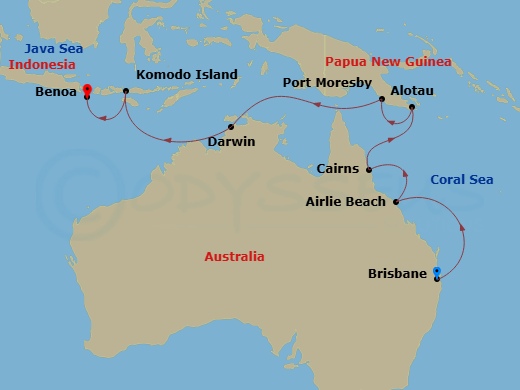 14 Night - Asia and Asia Pacific from Brisbane to Benoa - Crystal Serenity - Starting in Brisbane, Airlie Beach, Cairns, Alotau, Port Moresby, Darwin, Komodo Island, Bali itinerary map