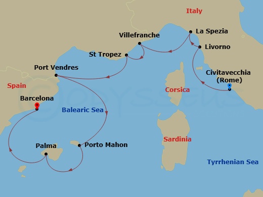 9 Night - Europe & Mediterranean - Crystal Symphony - Starting in Civitavecchia (Rome), Livorno (Tuscany), La Spezia, Villefranche, Saint Tropez, Port Vendres, Porto Mahon, Palma De Mallorca, Barcelona itinerary map
