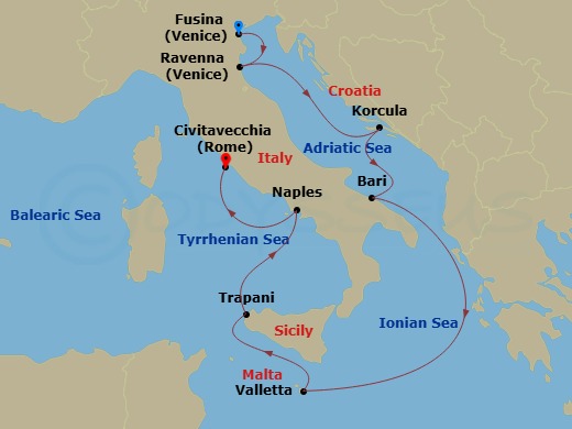 9 Night - Europe & Mediterranean - Crystal Symphony - Starting in Fusina (Venice), Ravenna, Korcula, Bari, Valletta, Trapani, Naples, Civitavecchia (Rome) itinerary map
