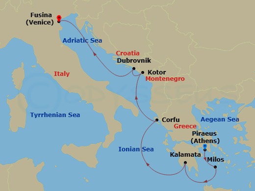 7 Night - Europe & Mediterranean - Crystal Symphony - Starting in Athens (Piraeus), Milos, Kalamata, Corfu, Kotor, Dubrovnik, Croatia, Fusina (Venice) itinerary map