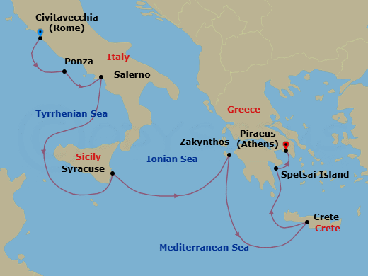 8 Night - Europe & Mediterranean - Crystal Symphony - Starting in Civitavecchia (Rome), Ponza, Salerno, Siracusa (Sicily), Zakynthos, Souda Bay (Crete), Spetses, Athens (Piraeus) itinerary map