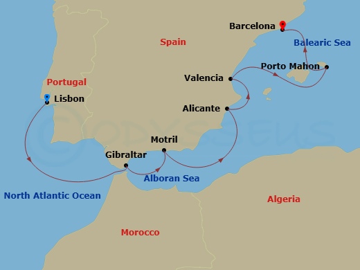 7 Night - Europe & Mediterranean - Crystal Symphony - Starting in Lisbon, Gibraltar, Motril, Alicante, Valencia, Porto Mahon, Barcelona itinerary map