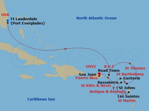 8 Night - The Americas & Caribbean - Crystal Symphony - Starting in Fort Lauderdale, Road Town, St Johns, Gustavia, St Barthelemy, Les Saintes, St Kitts (Basseterre), San Juan itinerary map