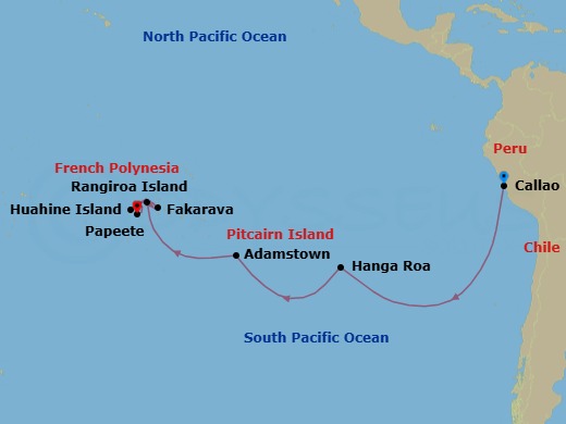 16 Night - Transoceanic - Crystal Serenity - Starting in Lima (Callao), Hanga Roa, Adamstown (Sightseeing Only), Rangiroa, Fakarava, Huahine, Papeete (Tahiti) itinerary map