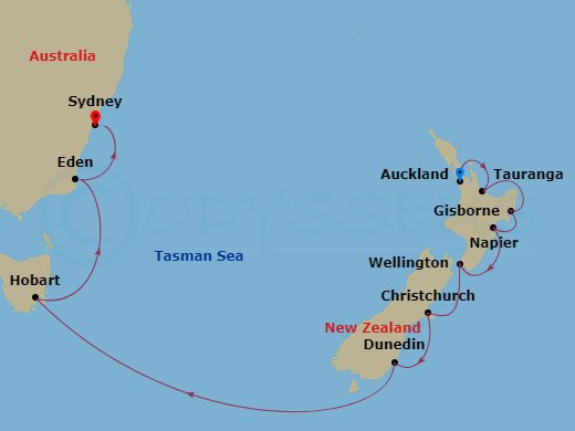 14 Night - Auckland to Sydney - Silver Moon - Starting in Auckland, Tauranga, Gisborne, Napier, Wellington, Dunedin (Port Chalmers), Stewart Island, Cruising Doubtful Sound, Cruising Milford Sound, Hobart, Tasmania, Eden, Sydney AU itinerary map