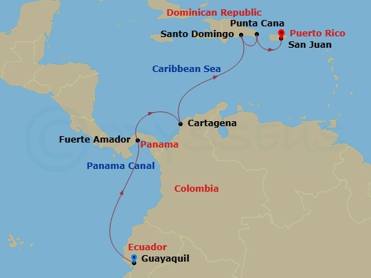 9 Night - The Americas & Caribbean - Crystal Symphony - Starting in Guayaquil, Fuerte Amador (Panama City), Panama Canal Transit, Cartagena CO, Santo Domingo, Punta Cana, San Juan itinerary map