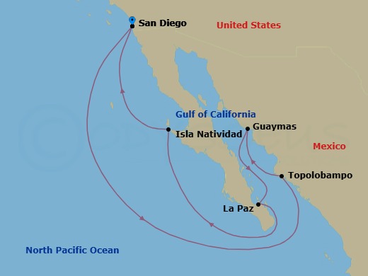 9 Night - The Americas & Caribbean - Crystal Serenity - Starting in San Diego, Topolobampo, Guaymas, La Paz, Isla Natividad (Sightseeing Only), San Diego itinerary map