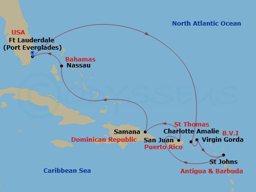 10 Night - The Americas & Caribbean - Crystal Symphony - Starting in Fort Lauderdale, St Thomas, Virgin Gorda, St Johns, San Juan, Samana, Nassau (Paradise Island), Fort Lauderdale itinerary map