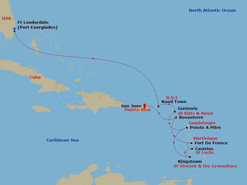 10 Night - The Americas & Caribbean - Crystal Symphony - Starting in Fort Lauderdale, Road Town, Gustavia, St Barthelemy, Pointe-a-Pitre, French West Indies, Kingstown, Castries, St Lucia, Fort-de-France, St Kitts (Basseterre), San Juan itinerary map
