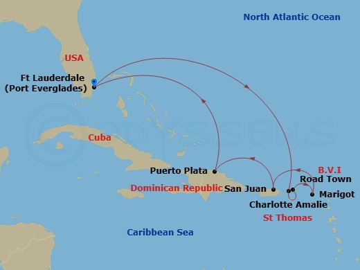 9 Night - The Americas & Caribbean - Crystal Symphony - Starting in Fort Lauderdale, St Thomas, Road Town, Marigot, St Martin, San Juan, Puerto Plata, Dominican Republic, Fort Lauderdale itinerary map