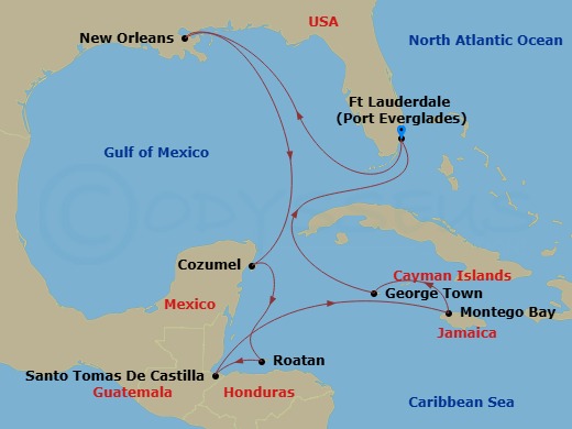 13 Night - The Americas & Caribbean - Crystal Symphony - Starting in Fort Lauderdale, New Orleans, Cozumel, Quintana Roo, Roatan Island, Santo Tomas, Montego Bay, George Town (Grand Cayman), Fort Lauderdale itinerary map