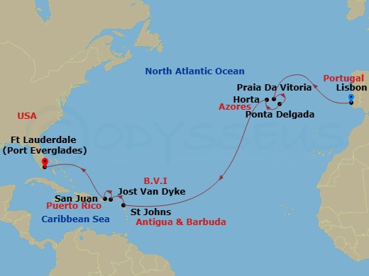 15 Night - Transoceanic - Crystal Serenity - Starting in Lisbon, Praia da Vitoria, Azores, Ponta Delgada (Sao Miguel Island), Horta, St Johns AG, Jost Van Dyke, British Virgin Islands, San Juan, Fort Lauderdale itinerary map
