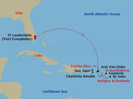 7 Night - The Americas & Caribbean - Crystal Symphony - Starting in San Juan, Jost Van Dyke, British Virgin Islands, St Johns, Gustavia, St Barthelemy, St Thomas, Fort Lauderdale itinerary map