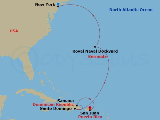 9 Night - The Americas & Caribbean - Crystal Symphony - Starting in New York, Royal Naval Dockyard, Santo Domingo, Samana, San Juan itinerary map