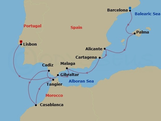 10 Night - Europe & Mediterranean - Crystal Serenity - Starting in Barcelona, Palma De Mallorca, Alicante, Cartagena ES, Spain, Malaga (Costa del Sol), Gibraltar, Cadiz, Casablanca, Morocco, Tangier, Lisbon itinerary map