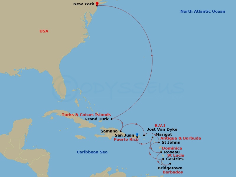 11 Night - The Americas & Caribbean - Crystal Symphony - Starting in San Juan, Marigot, St Martin, Roseau, Bridgetown, Castries, St Lucia, St Johns, Jost Van Dyke, British Virgin Islands, Samana, Grand Turk, New York itinerary map