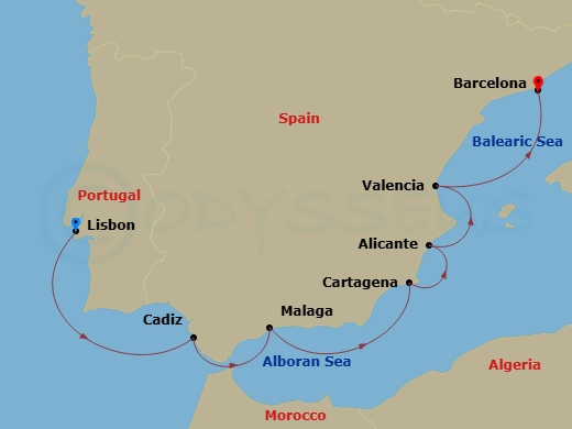 7 Night - Europe & Mediterranean - Crystal Serenity - Starting in Lisbon, Cadiz, Malaga (Costa del Sol), Cartagena ES, Spain, Alicante, Castellon, Barcelona itinerary map