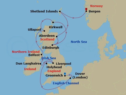 14 Night - British Isles Explorer - Viking Saturn - Starting in London (Greenwich), Dover UK, Scenic Sailing English Channel, Liverpool, Holyhead, Dublin (Dun Laoghaire), Belfast, The Highlands (Ullapool), Orkney Islands (Kirkwall), Edinburgh (Newhaven Harbour), Aberdeen, Shetland Islands (Lerwick), Bergen itinerary map