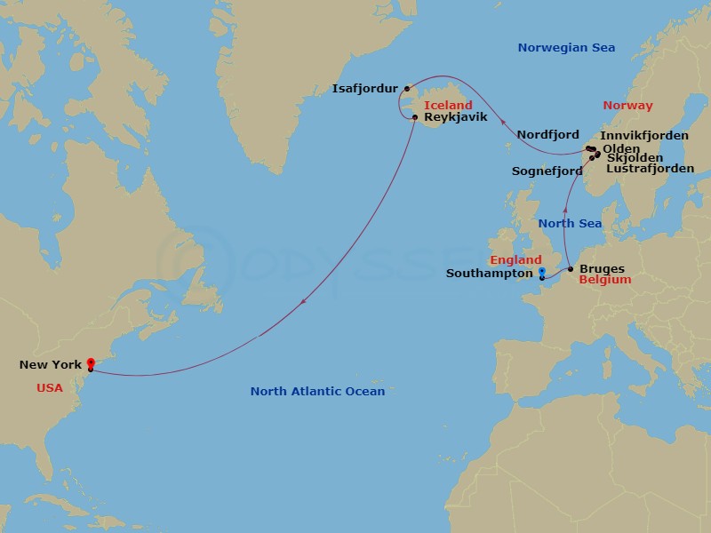14 Night - Transatlantic Crossing, Norwayand Iceland - Queen Mary 2 - Starting in Southampton, England, UK, Zeebrugge (tours to Bruges), Belgium, Olden, Norway, Innvikfjorden, Norway (Scenic Cruising), Nordfjord, Norway (Scenic Cruising), Skjolden, Norway, Lustrafjorden, Norway (Scenic Cruising), Sognefjord, Norway (Scenic Cruising), Isafjordur, Iceland, Reykjavik, Iceland, New York, NY itinerary map