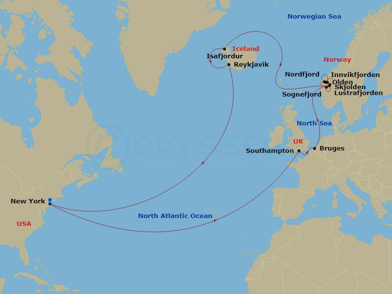 21 Night - Roundtrip Transatlantic Crossing - Queen Mary 2 - Starting in New York, NY, Southampton, England, UK, Zeebrugge (tours to Bruges), Belgium, Olden, Norway, Innvikfjorden, Norway (Scenic Cruising), Nordfjord, Norway (Scenic Cruising), Skjolden, Norway, Lustrafjorden, Norway (Scenic Cruising), Sognefjord, Norway (Scenic Cruising), Isafjordur, Iceland, Reykjavik, Iceland, New York, NY itinerary map