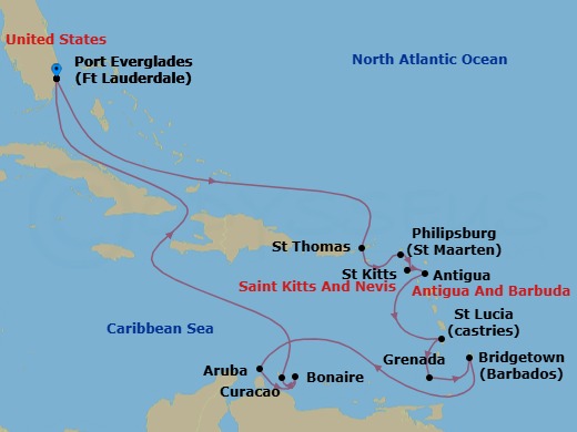 16 Night - Circle Caribbean - Island Princess - Starting in Fort Lauderdale, Florida, St Thomas, US Virgin Islands, St Maarten, St Kitts, Antigua, St Lucia, Grenada, Barbados, Aruba, Bonaire, Caribbean Netherlands, Curacao, Fort Lauderdale, Florida itinerary map