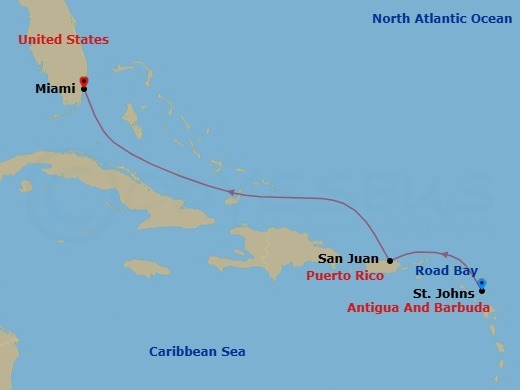 5 Night - A Journey Through Tropical Shores and Ocean Days - EXPLORA I - Starting in St Johns AG, Antigua, Road Bay, San Juan, Miami itinerary map