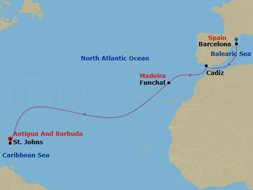 11 Night - A Journey Across Atlantic Horizons to the Caribbean - EXPLORA I - Starting in Barcelona, Cadiz, Funchal (Madeira), St Johns AG, Antigua itinerary map