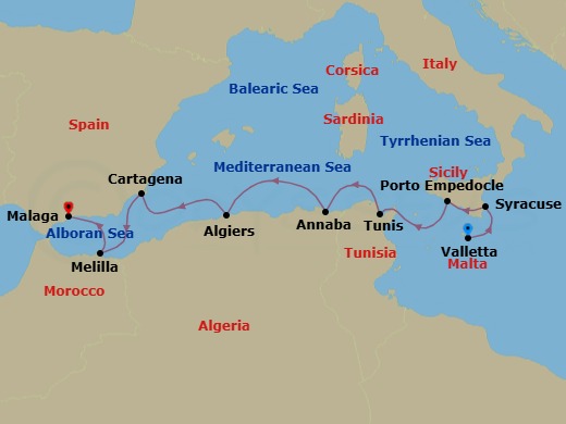8 Night - Ancient Shores of the Mediterranean - Le Laperouse - Starting in Valletta, Syracuse IT, Sicily, Porto Empedocle, Sicily, Tunis, Annaba, Algiers, Cartagena ES, Melilla, Malaga itinerary map