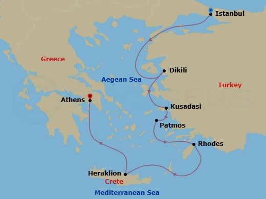 7 Night - Ancient Treasures of the Mediterranean - Le Laperouse - Starting in Istanbul, Dikili, Kusadasi, Patmos, Rhodes, Heraklion, Crete, Athens itinerary map