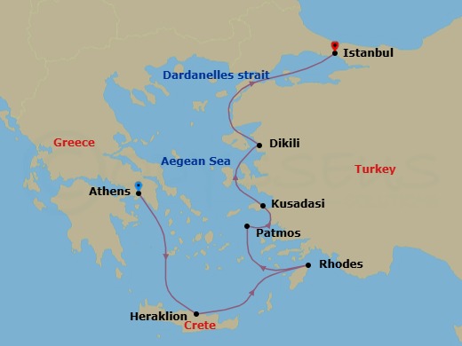 7 Night - Ancient Treasures of the Mediterranean - Le Laperouse - Starting in Athens, Heraklion, Crete, Rhodes, Patmos, Kusadasi, Dikili, Istanbul itinerary map