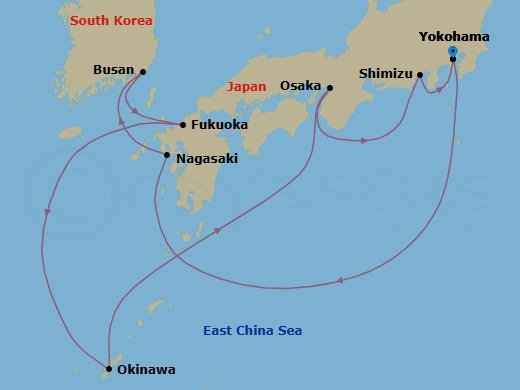 12 Night - Japan & Korea : Tokyo, Okinawa - Celebrity Solstice - Starting in Tokyo (Yokohama), Japan, Nagasaki, Japan, Busan, South Korea, Fukuoka, Japan, Okinawa, Japan, Kyoto (Osaka), Japan, Mount Fuji (Shimizu), Japan, Tokyo (Yokohama), Japan itinerary map
