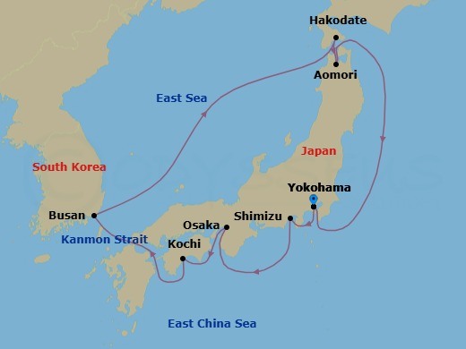 12 Night - Best of Japan : Nebuta Festival - Celebrity Solstice - Starting in Tokyo (Yokohama), Japan, Mount Fuji (Shimizu), Japan, Kyoto (Osaka), Japan, Kochi, Japan, Busan, South Korea, Hakodate, Japan, Aomori, Japan, Tokyo (Yokohama), Japan itinerary map