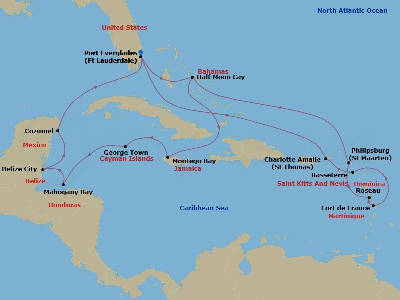 21 Night - Eastern & Western Caribbean Holiday : Belize & Mexico - Eurodam - Starting in Fort Lauderdale, Florida, RelaxAway, Half Moon Cay, Bahamas, Philipsburg, Sint Maarten, Roseau, Dominica, Fort-De-France, Martinique, Basseterre, St Kitts and Nevis, St Thomas, US Virgin Islands, Fort Lauderdale, Florida, RelaxAway, Half Moon Cay, Bahamas, Montego Bay, Jamaica, Georgetown, Cayman Islands, Mahogany Bay, Roatan, Honduras, Belize City, Belize, Cozumel, Mexico, Fort Lauderdale, Florida itinerary map
