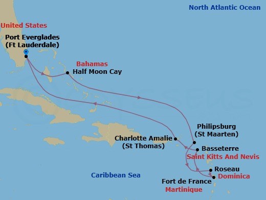 11 Night - Eastern Caribbean Holiday : Windward & Leeward Islands - Eurodam - Starting in Fort Lauderdale, Florida, RelaxAway, Half Moon Cay, Bahamas, Philipsburg, Sint Maarten, Roseau, Dominica, Fort-De-France, Martinique, Basseterre, St Kitts and Nevis, St Thomas, US Virgin Islands, Fort Lauderdale, Florida itinerary map