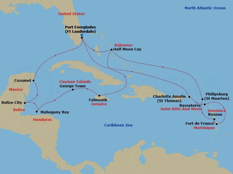21 Night - Western & Eastern Caribbean Holiday : Belize & Mexico - Eurodam - Starting in Fort Lauderdale, Florida, RelaxAway, Half Moon Cay, Bahamas, Falmouth, Jamaica, Georgetown, Cayman Islands, Mahogany Bay, Roatan, Honduras, Belize City, Belize, Cozumel, Mexico, Fort Lauderdale, Florida, RelaxAway, Half Moon Cay, Bahamas, Philipsburg, Sint Maarten, Roseau, Dominica, Fort-De-France, Martinique, Basseterre, St Kitts and Nevis, St Thomas, US Virgin Islands, Fort Lauderdale, Florida itinerary map