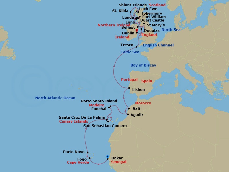 26 Night - Cruise from Dakar to Dublin - Silver Endeavour - Starting in Dakar, Fogo, Porto Novo, Santa Cruz de La Palma, San Sebastian, Funchal, Porto Santo, Agadir, Safi, Lisbon, Tresco, St Marys, Pembrokeshire National Park, Belfast, Iona, Lunga, Shiant Islands, Loch Ewe, St Kilda, Boreray Island, Tobermory, Duart, Fort William, Isle of Man, Dublin itinerary map